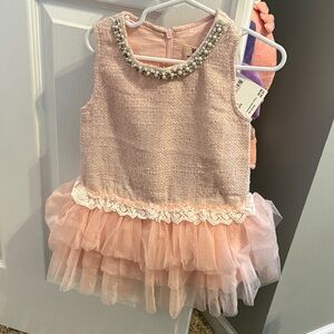 Elegant Pink Sleeveless Kids Dress with Pearl Accents